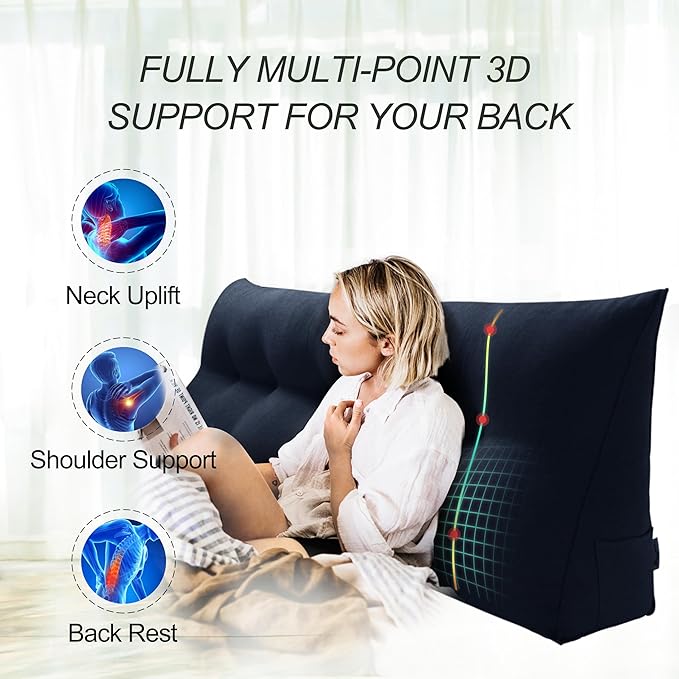 WOWMAX 80% Cotton & 20% Linen Blend Headboard Pillow – California King Size Reading Wedge Backrest for Bed, Handmade Firm Support Bolster Cushion with Removable Cover, Premium Bed Rest Pillow, Blue