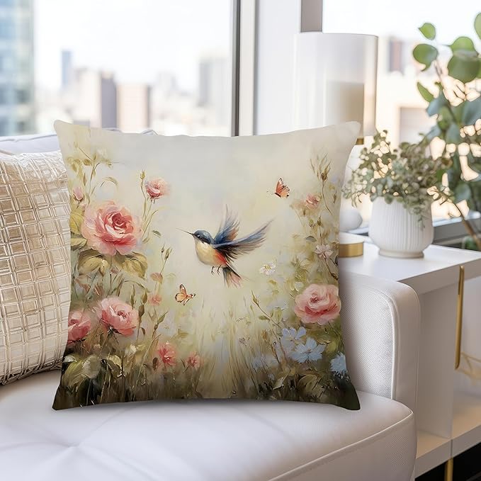 Vintage Spring Hummingbird Floral Pillow Cover 20x12 Double-Sided,Rustic Cottagecore Decor,French Country Spring Wildflower Bird Decorative Throw Pillow Cover for Couch Bed Bedroom Living Room