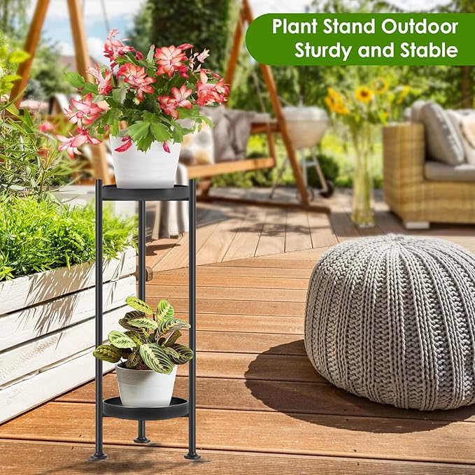 Plant Stand Indoor Outdoor, 2 Tier Iron Plant Stand, 30'' Tall Pedestal Stand Outdoor, Metal Flower Stands for Indoor Plants, Balcony, Living Room