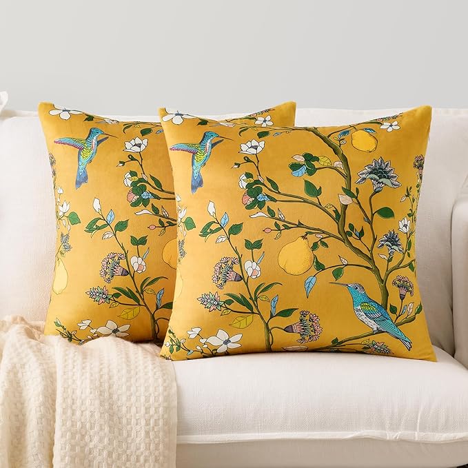 Mustard Yellow Velvet Throw Pillow Covers 20x20 Pack of 2, Vintage Floral Pillow Covers, Mid Century Flower Plant Cushion Covers for Sofa Living Room Home Decor