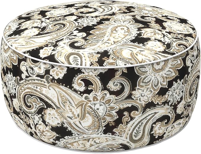 LVTXIII Indoor/Outdoor Inflatable Ottoman with Handle D21 x H9 Inch, Weather-Resistant Round Footstool Pouf for Patio Camping Living Room, Portable Footrest Extra Seating, Paisley Black