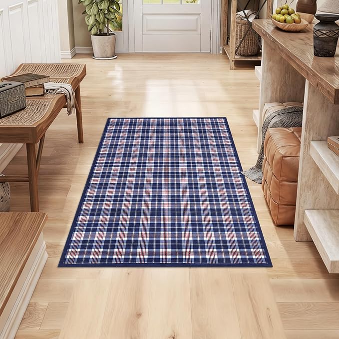 GarveeHome Checkered Rugs 2x3, Machine Washable Entryway Rug with Non Slip Backing, Stain Resistant Low-Pile Doormat for Indoor Outdoor Hallways Kitchen Bathroom Bedroom Blue