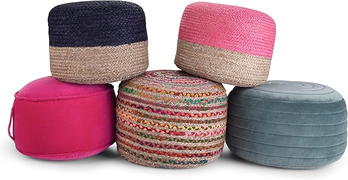 SIMPLIHOME Vivienne Round Pouf - 20 inch Wide Upholstered Velvet Ottoman in Turquoise, Boho-Style Footstool, Extra Seating or Accent Piece for Living Room or Bedroom with Stitching Detail, Assembled