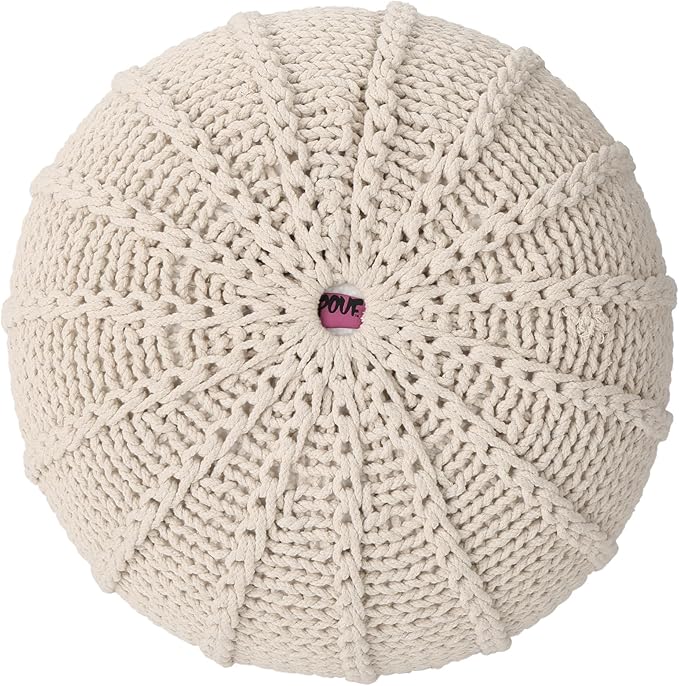 Round Pouf Ottoman, 18" Bordeaux Knitted Cotton Woven Round Pouf, Handmade Woven Bean Bag for Living Room, Floor Bag for Bedrooms, Home, Offices, Sofa Footrest (Beige)