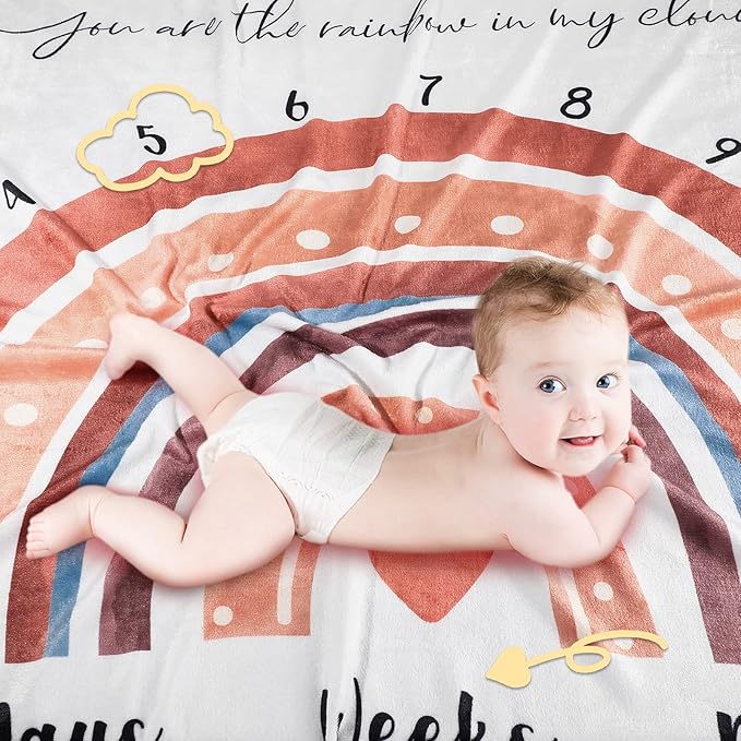 Tegeme Boho Rainbow Monthly Milestone Blanket Rainbow Newborn Boy Girl Unisex Milestone Blanket Muted Baby Monthly Picture Infant Growth Photography Background Nursery Photo Prop 40 x 50 Inch