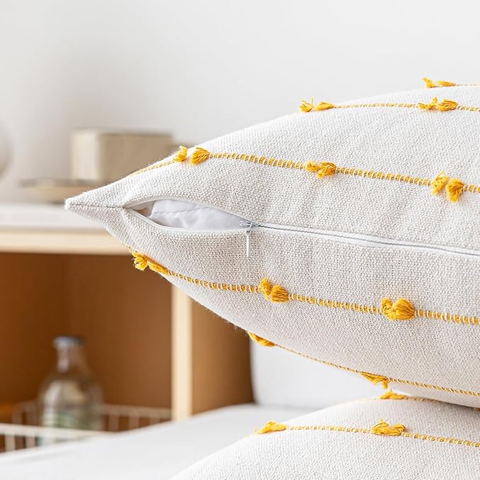 Boho Throw Pillow Covers 12x20 Set of 2 Modern Farmhouse Decorative Cushion Case Tufted Linen Square Pillows Cover Neutral Pillow Cases Accent Pillowcase for Sofa,Couch,Bed,Beige and Yellow