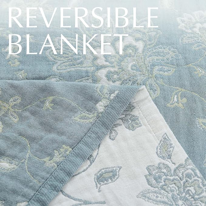 jinchan Boho 100% Cotton Muslin Queen Size 80x90 Inches Blanket Lightweight 4-Layer Quilted Soft Blue and White Floral Throw Blanket Green Accents Reversible Comfy Flower Rustic Summer Couch Bedroom