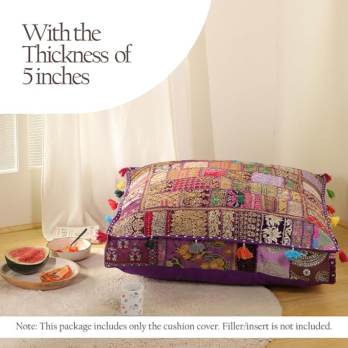 THE ART BOX Cotton Patchwork Vintage Boho Embroidered Floor Pillows & Cushion Cover Dog Pouf Seating Pouf Meditation Pillow Pet Bedding Cat Bed Boho Home Décor (35x35 Inches, Cover Only)