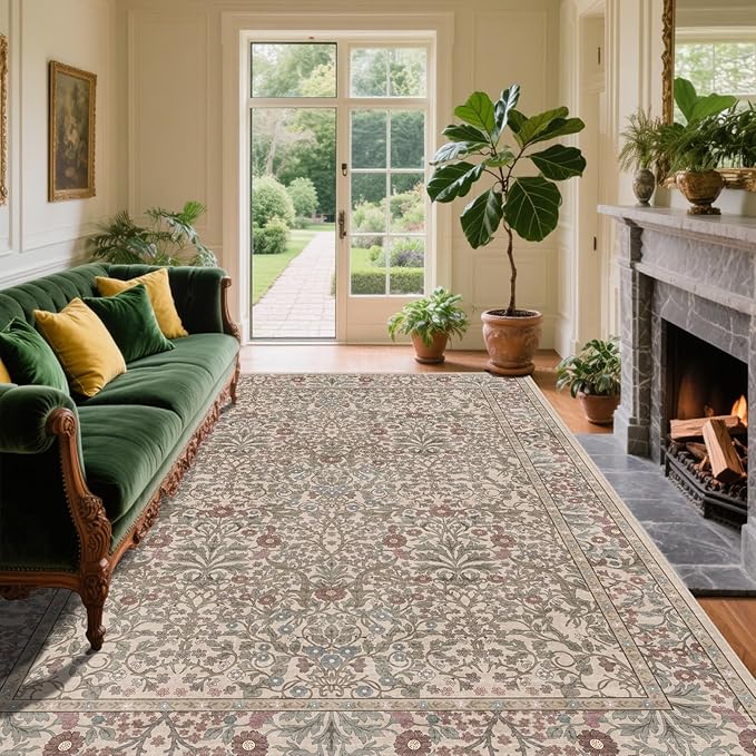 Vintage Moss Living Room Rug, 5x7 Washable Area Rugs for Dining Room Under Table, Soft Low Pile Large Carpet Bedroom, Non-Slip Boho Floral (5 x 7 Moss)