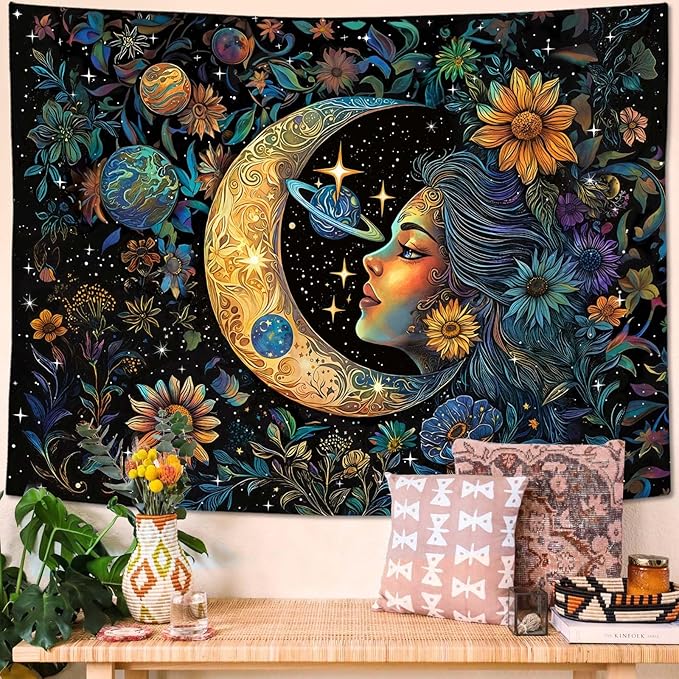 Accnicc Sun and Moon Tapestry for Bedroom Hippie Boho Floral Flower Plant Wall Tapestry Aesthetic Vintage Galaxy Celestial Star Spiritual Large Tapestries Wall Hanging for Living Room Dorm 48 x 36 Inch