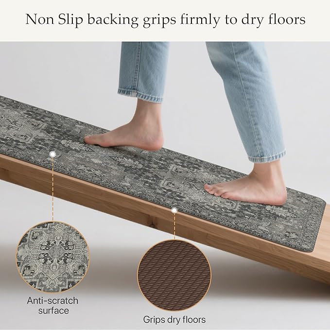 GENIMO Kitchen Mats for Floor 2PCs, Washable Anti Fatigue Mat for Cushioned, 17.3"x47"+17.3"x30", Waterproof Kitchen Rugs, Non Slip Comfort Standing Mat Rug for Home, Sink, Laundry, Dark Gray