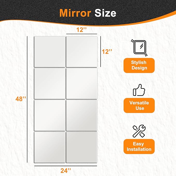 Delma Home Gym Mirrors, 12'' x 12'' Glass Mirror Tiles (8 PCS), Square Large Wall Mirror for Home Gym, Bedroom, Door,Bathroom, Frameless Mirror Sets