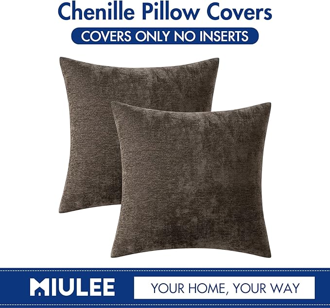 MIULEE Pack of 2 Brown Decorative Pillow Covers 18x18 Inch Soft Chenille Couch Throw Pillows Farmhouse Cushion Covers for Home Decor Sofa Bedroom Living Room