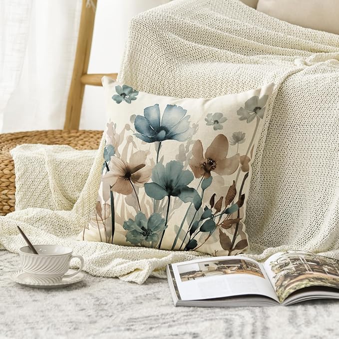 AVOIN colorlife Poppy Flowers Chinoiserie Spring Throw Pillow Cover, 18 x 18 Inch Blue Brown Seasonal Leaves Cushion Case Decoration for Sofa Couch Farmhouse