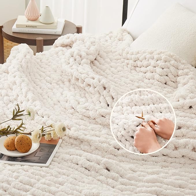 L'AGRATY Chunky Knit Blanket - Soft Chunky Throw 60x80 inches: 100% Hand Kintted Chenile Crochet Throw for Couch - Large Cable Knit Blanket for Home Decor (Ivory)