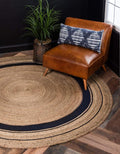 Unique Loom Braided Jute Collection Classic Quality Made Natural Hand Woven with Coastal Design Area Rug (8' 0 x 8' 0 Round, Natural/ Navy Blue)