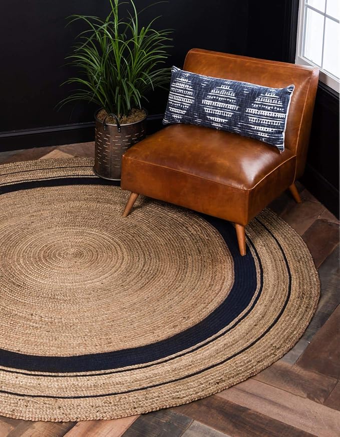 Unique Loom Braided Jute Collection Classic Quality Made Natural Hand Woven with Coastal Design Area Rug (8' 0 x 8' 0 Round, Natural/ Navy Blue)