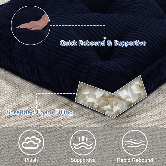 Square Floor Pillow for Adults, Tufted Floor Cushion for Sitting, Large Meditation Cushion, Thick Corduroy Seat with Handle, Tatami Seating for Yoga, 22x22 Inch Navy Blue, 1Pack