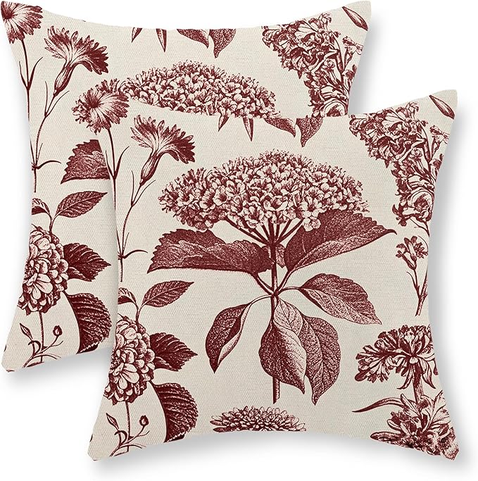 Burgundy Red Pillow Covers 18x18 Set of 2 Vintage Boho Floral Hydrangea Herbs Botanical Throw Pillows Outdoor Flower Decoration Pillowcase Linen Farmhouse Cushion Case Decor for Couch Sofa