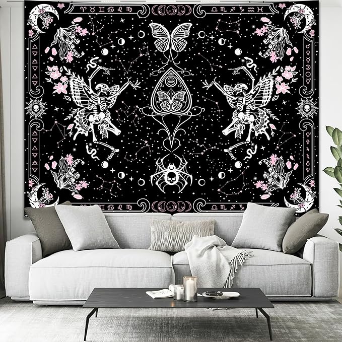 KJHL Skull Butterfly Floral Tapestry Black and White Gothic Skeleton Tapestry Wall Hanging Decor Pink Constellation Witchy Tapestries Aesthetic for Bedroom Living Room(44ʺ x 60ʺ)