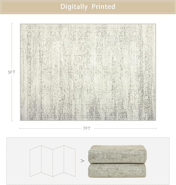 Washable Rugs 5x7 Area Rugs for Living Room,Bedroom,Dining Room- Large Ultra Soft Faux Wool Retro Carpets,Non Slip&Non-Shedding Low Pile Vintage Print Rug for Home Office Decor-Beige