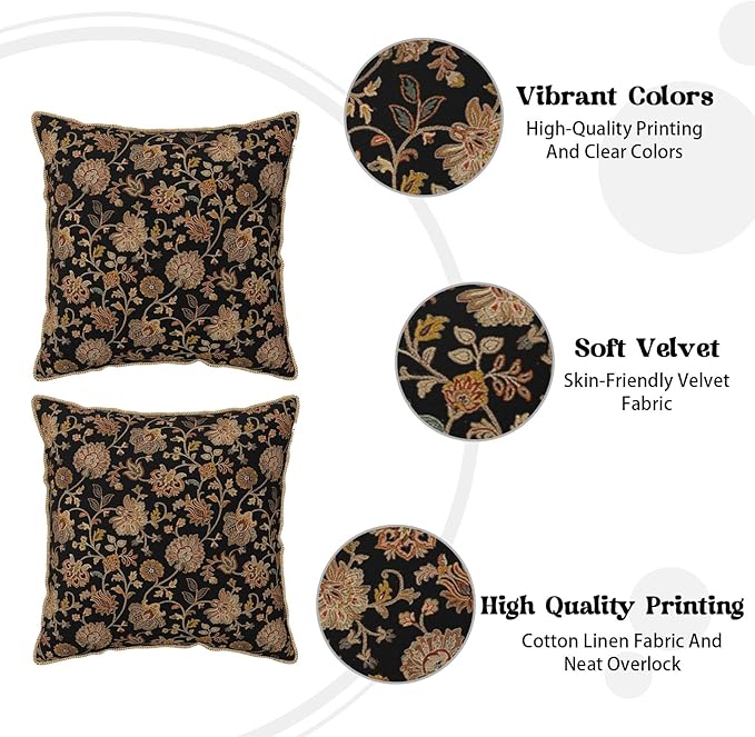 Vintage Tapestry Floral Soft Velvet Throw Pillow Covers Set of 2 Black Brown Bohemian Boho Carpet Flowers Decorative Pillow Covers 20x20 Inch Rustic Retro Rug Pillow Case For Sofa Couch Home Decor
