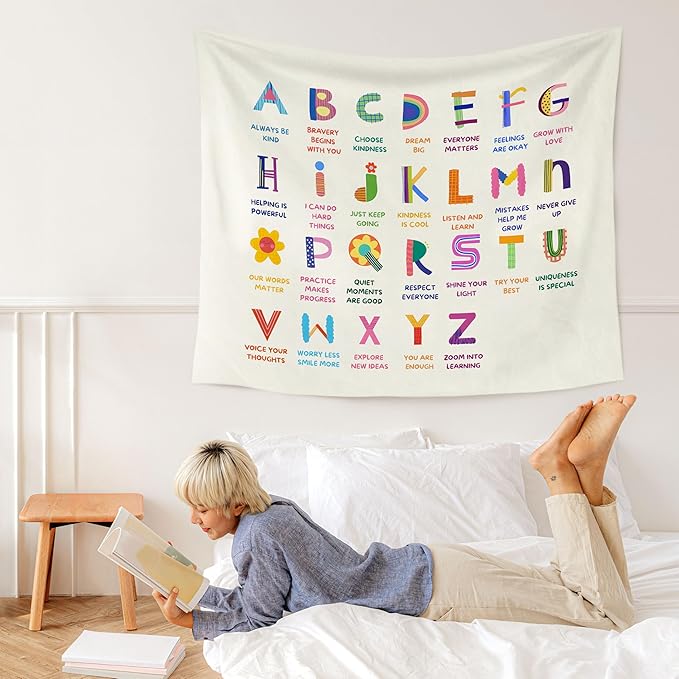 WARDOS Alphabet Nursery Inspirational Tapestry, Boho Kids Tapestry Wall Hanging, ABC Alphabet Inspirational Educational Wall Blanket Decor for Toddler Kids Room Nursery Playroom Classroom, 50x60 Inch