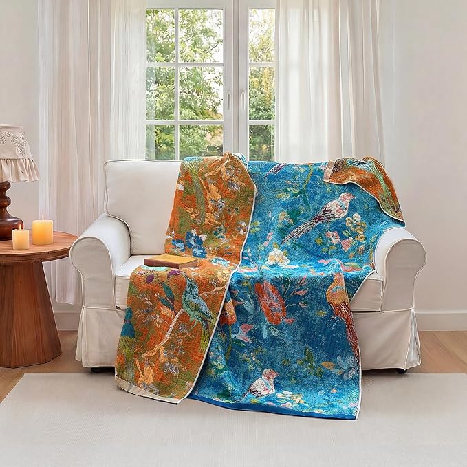 Boho Throw Blanket - 100% Cotton Ultra Soft Muslin Blanket, 60"x80" Lightweight Floral Bird Printed Framhouse Bedding Spring Blanket for Bed, All Season Blue Bohemian Bedroom Home Decor Quilt