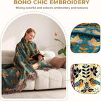 Boho Throw Blanket for Couch 100% Cotton Soft Birds and Floral Double Embroidery Breathable Spring Throw Blankets,50"x60" All Season Reversible Throws for Sofa Chair Livingroom Home Decor