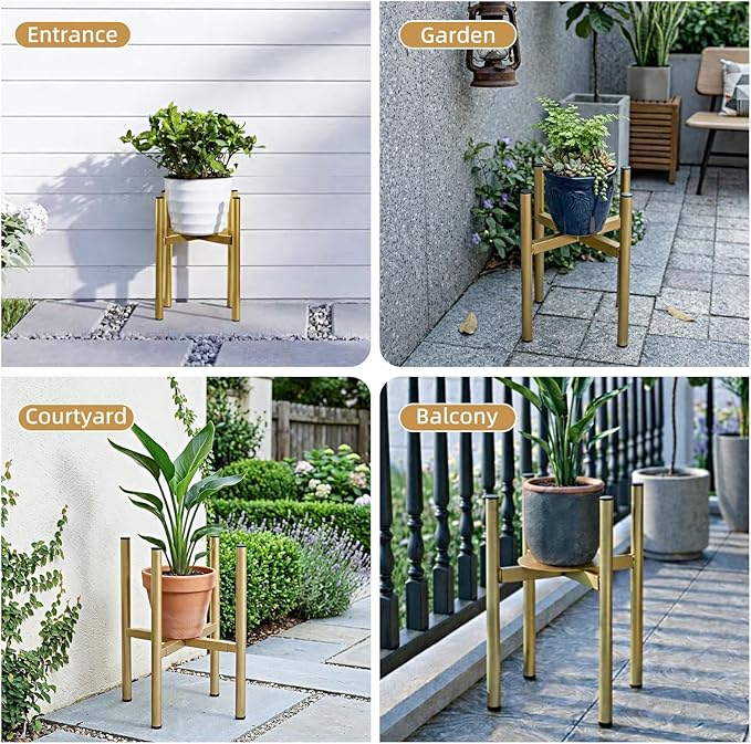 Adjustable Metal Plant Stand Indoor, Mid Century Modern Outdoor Planter Holder for 8 to 14 Inch Pots, Heavy Duty 160 LB Load, Corner Floor Stand for Home Garden Decor Golden