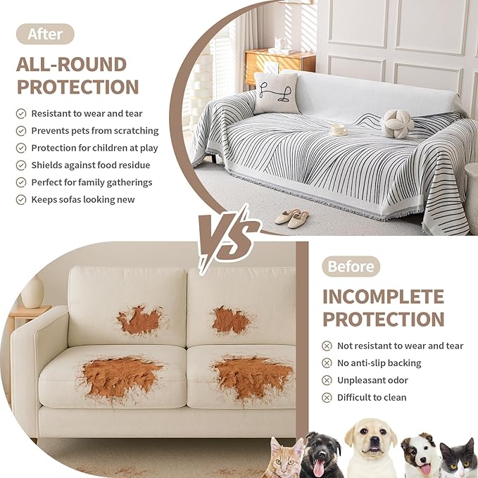 Boho Chenille Couch Cover for Dogs, Non Slip Sofa Cover, Couch Slipcover Covers for 3 Cushion, Furniture Protector with Tassels for Pets Washable, 71"x118", Curved Lines Grey
