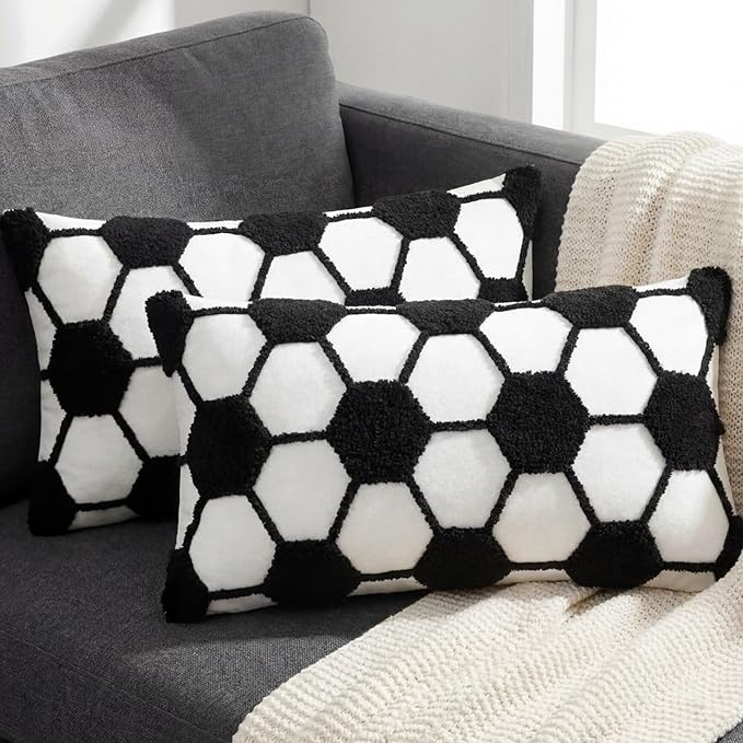 2 Pcs Soccer Ball Velvet Pillow Covers 12 x 20 Inch 3D Tufted Black Soccer Embroidery Sports Theme Decorative Throw Cushion Case for Bedroom Sofa Living Room Couch Chair Home Decor