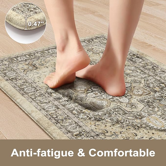 KIMODE Anti Fatigue Kitchen Mat, Boho Distressed Kitchen Rugs Sets of 2, Kitchen Floor Mats Non Slip Cushioned, Waterproof Standing Mat for Laundry, Office, Sink, Desk, Brown 17"x47"+17"x29"
