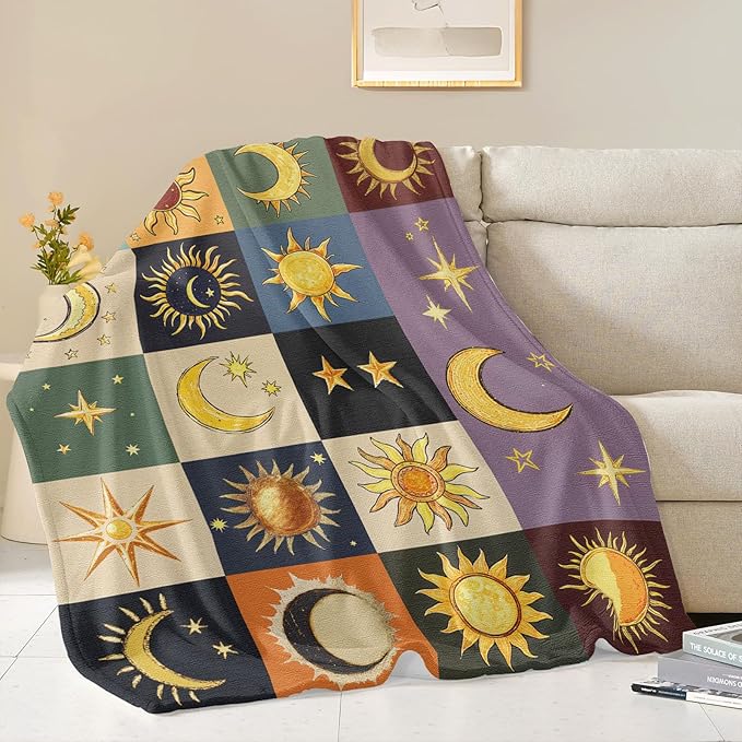 Sun and Moon Throw Blanket, Bohemian Soft Cozy and Warm Couch Blankets Gift for Sun and Moon Lover, Decorative Blankets for Sofa Couch Bed, Dark Brown 40×50 inches