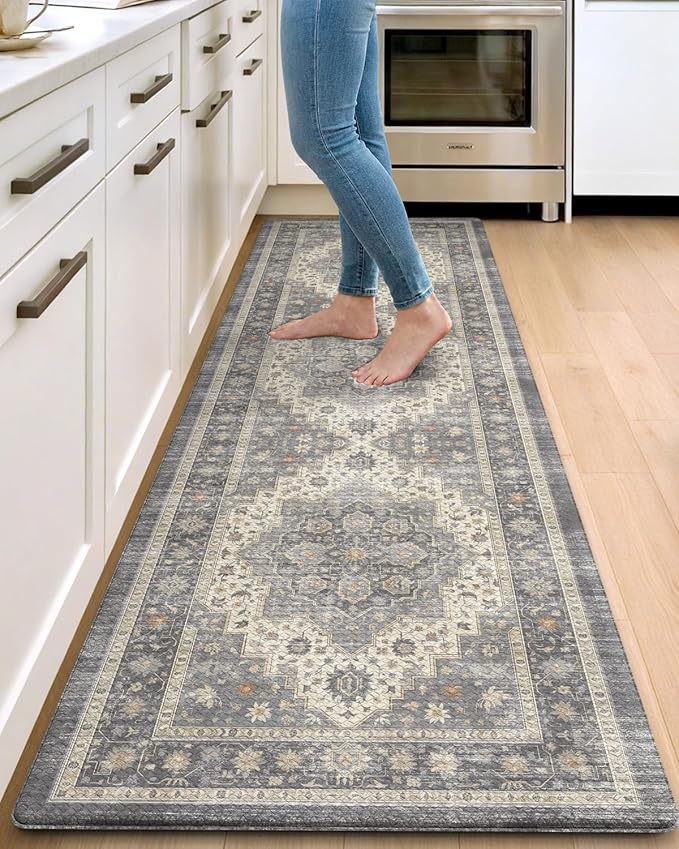 DEXI Kitchen Floor Mats Anti Fatigue, 23x86 Large Long Cushioned Vintage Runner Rug Waterproof, Standing Comfort Memory Foam Padded for Front Sink Laundry Office, Dark Grey