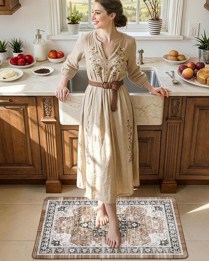 DEXI Kitchen Mats for Floor Cushioned, 23x35 Wide Runner Rug Non Slip, Waterproof Soft Comfort Standing Padded Anti Fatigue Decorative, Brown/White