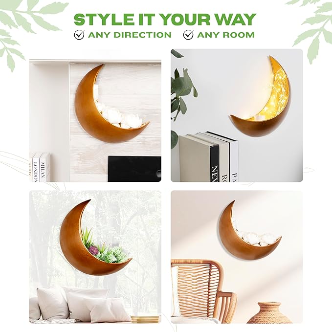 Wall Planter - Window Planter - 14Pcs Artificial Succulents - Hanging Moon Planter - Boho Hanging Planters for Indoor Plants, Air Plant, Cactus, Faux, Unique Gifts for Women, Birthdays, Plant Lovers