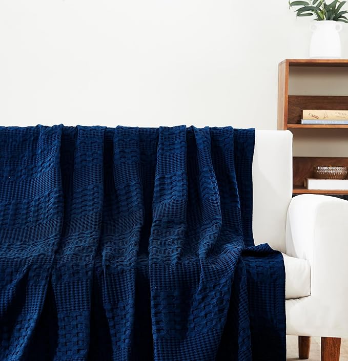 VHC Brands 100% Cotton Waffle Weave Queen Blanket 90"x90", Decorative Lightweight Spring and Summer Throw Blanket, Bedroom Decor for Bed, Couch, or Sofa, Navy