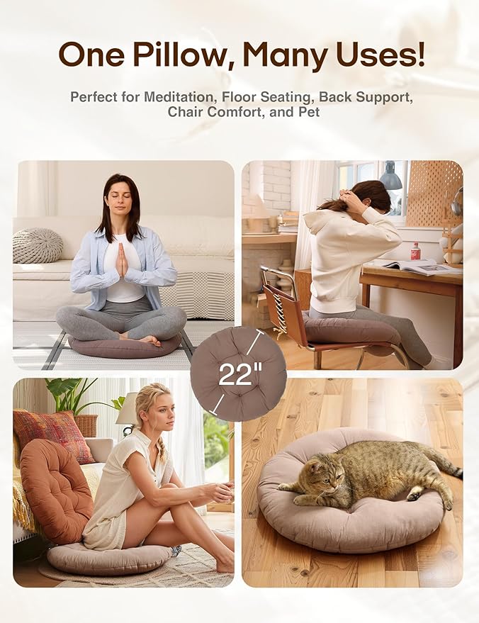 ZonLi Floor Pillows Round Large Seating for Adults,Tufted Accents Floor Cushions for Living Room Tatami, Grey, 22x22 Inch