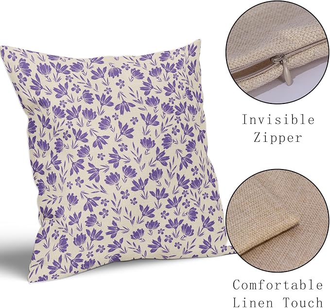 Purple Floral Pillow Covers 20x20 Set of 2 Vintage Rustic Old Style Cute Small Flower Purple Cream Print Decorative Outdoor Pillowcases Farmhouse Throw Cushion Case Decor for Couch Sofa Bed