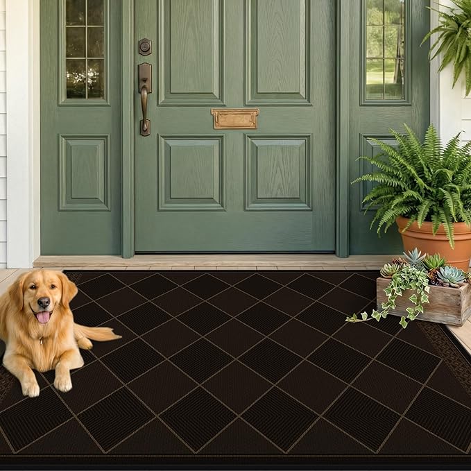 Checkered Easy Jute 3x5 for Porch Rugs Indoor Outdoor Decor, Washable Non Slip Entry Way Front Door Mat Outdoor, Farmhouse Patio Rug, Dark Brown Non Slip Daimond Carpet for Kitchen, Backyard, Laundry