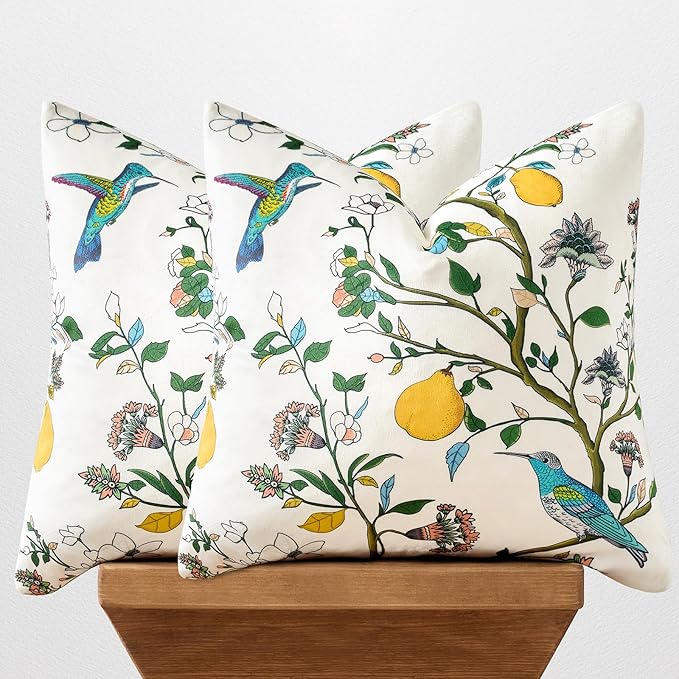 MUSSEL White Velvet Throw Pillow Covers 20x20 Pack of 2, Vintage Floral Pillow Covers, Mid Century Flower Plant Cushion Covers for Sofa Living Room Home Decor
