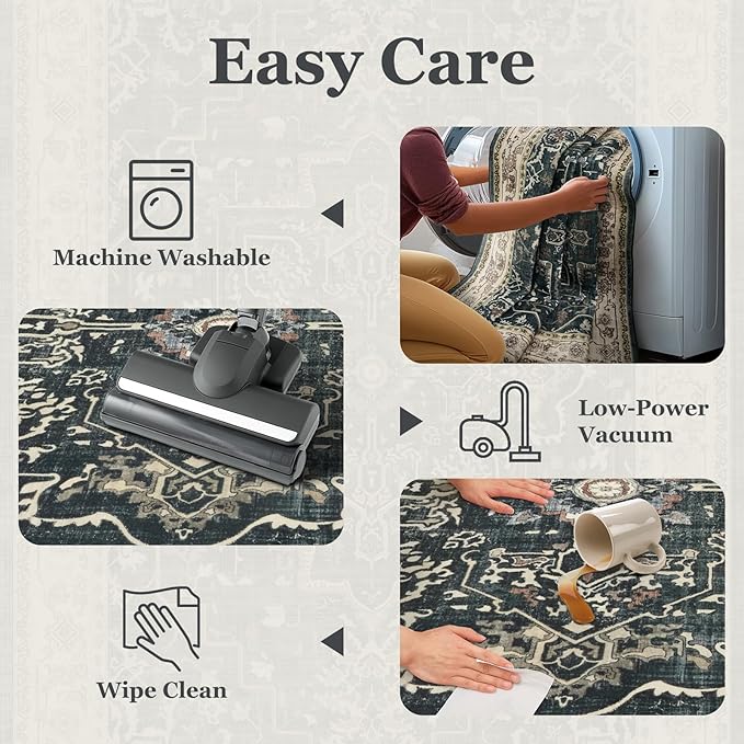 Medallion Hallway 2x8 Runner Rug, Washable Non Slip Entryway Runner Indoor, Low Pile Thin Vintage Distressed Carpet Runners 8ft for Kitchen/Bedroom Bedside/Laundry Room/Bathroom, Midnight/Multi