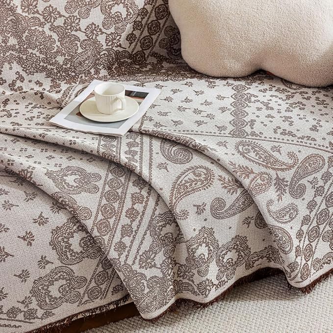 ROOMLIFE Brown Couch Covers for Sofa, Sofa Covers Washable Non Slip Furniture Protector Couch Sofa Covers for 3 Cushion Couch, Breathable Sofa Slipcovers Couch Cover Blanket with Tassels 71" X 150"