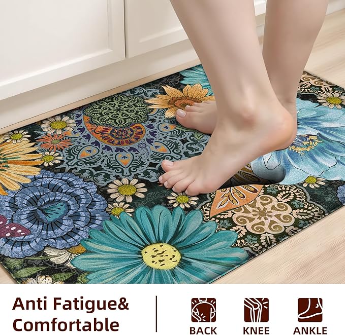 Boho Floral Kitchen Mats for Floor 2PCS Anti Fatigue Mats for Kitchen Floor Cushioned Non Slip Waterproof Memory Foam PVC Kitchen Rugs Set for Sink,Office,Laundry 17.3"x28"+17.3"x47"