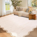 GarveeHome Scalloped Washable Rug 3x5, Beige Boho Living Room Area Rug, Bordered Non-Slip Farmhouse Bedroom Carpet Dorm Room Throw Rug, Low Pile Soft Accent Mat for Kitchen Entry Office 3'x5' Beige