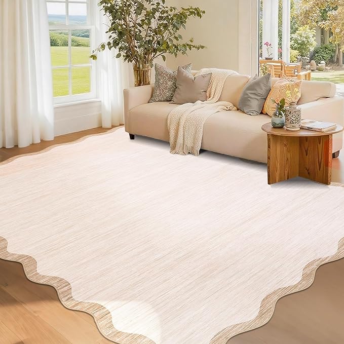 GarveeHome Scalloped Washable Rug 3x5, Beige Boho Living Room Area Rug, Bordered Non-Slip Farmhouse Bedroom Carpet Dorm Room Throw Rug, Low Pile Soft Accent Mat for Kitchen Entry Office 3'x5' Beige