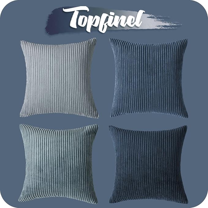 Topfinel Decorative Throw Pillow Covers Dark Blue Navy Series,Summer Corduroy Striped Toss Pillows for Couch,Patio,Balcony,Children Bedroom,Modern Fluffy Green Gradient Shams 20x20 Inch Set of 4