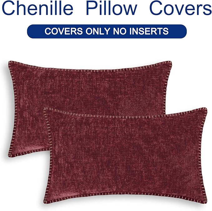 CaliTime Christmas Throw Pillow Covers Decorative 12 X 20 Inches Pack of 2 Cotton Thread Stitching Edges Solid Dyed Soft Chenille Cushion Cases for Couch Sofa Bed Living Room Farmhouse Burgundy