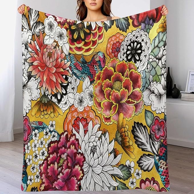 Boho Floral Throw Blanket Bohemian Colorful Flowers Print Mandala Blanket for Sofa Bed Couch Chair Or Dorm 70"x80"